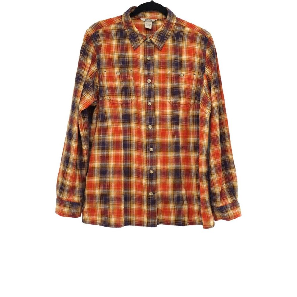 Duluth Trading Women Yellow Plaid Free Swingin Flannel Shirt Back Gusset Size L